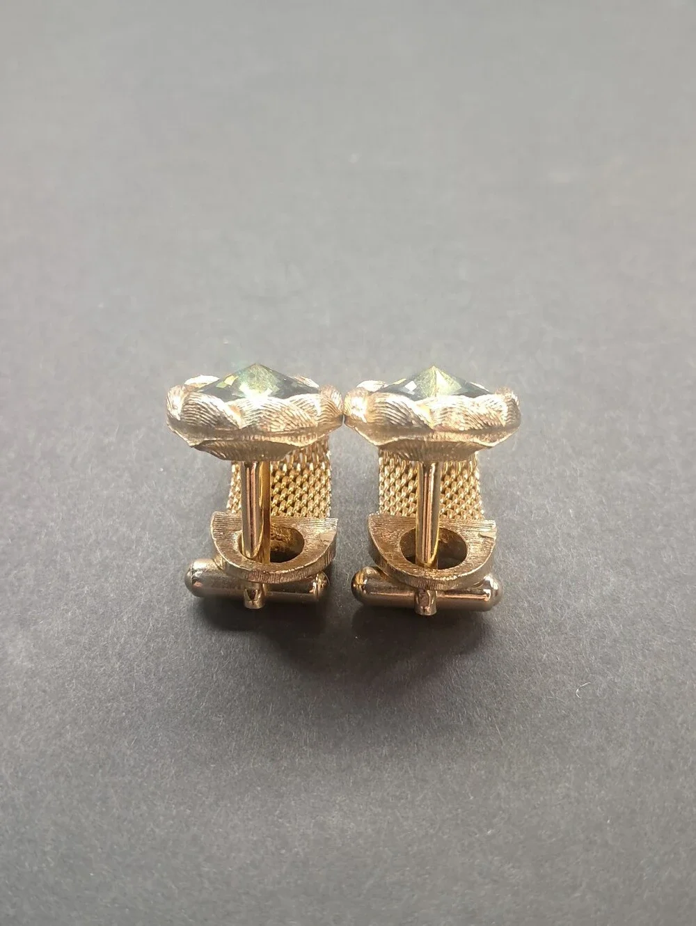 Vintage Swank Gold Tone Mesh Wrap Around Cufflinks Watermelon Rivoli Rhinestone